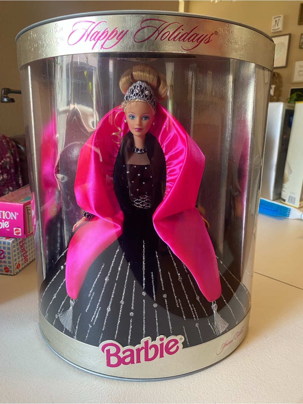 Vintage 1998 Happy Holidays Barbie in Black Gown with Hot Pink Cape
